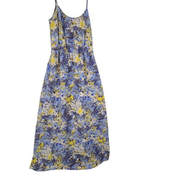 BANANA REPUBLIC XS 100% Silk Maxi Dress Blue Yellow Floral Print Blouson Strap M - Picture 2 of 11